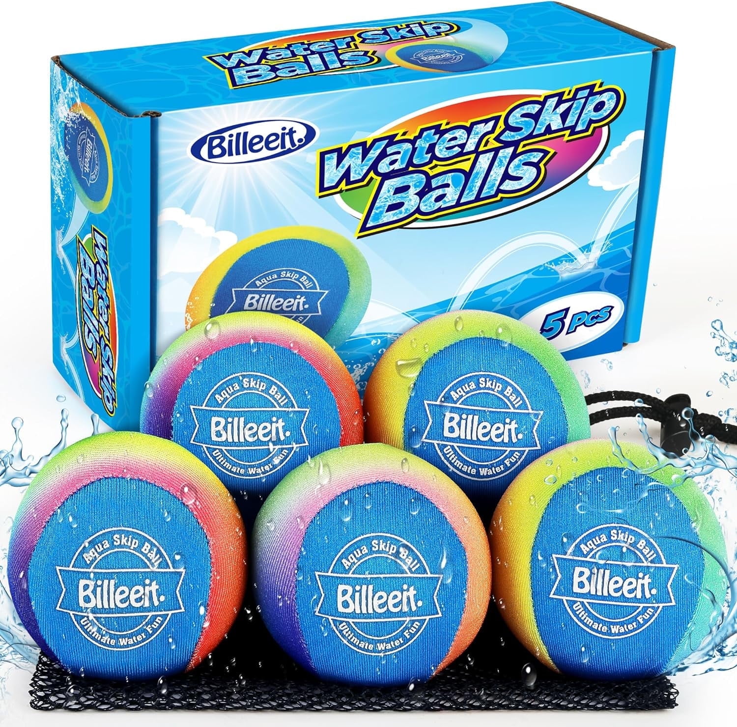 Billeeit Water Skipping Balls Set – Floating \u0026 Bouncing Beach \u0026 Pool Toy, 5-Piece Rainbow Splash Water Balls \u0026 Discs, Fun Summer Pool Games for 3+